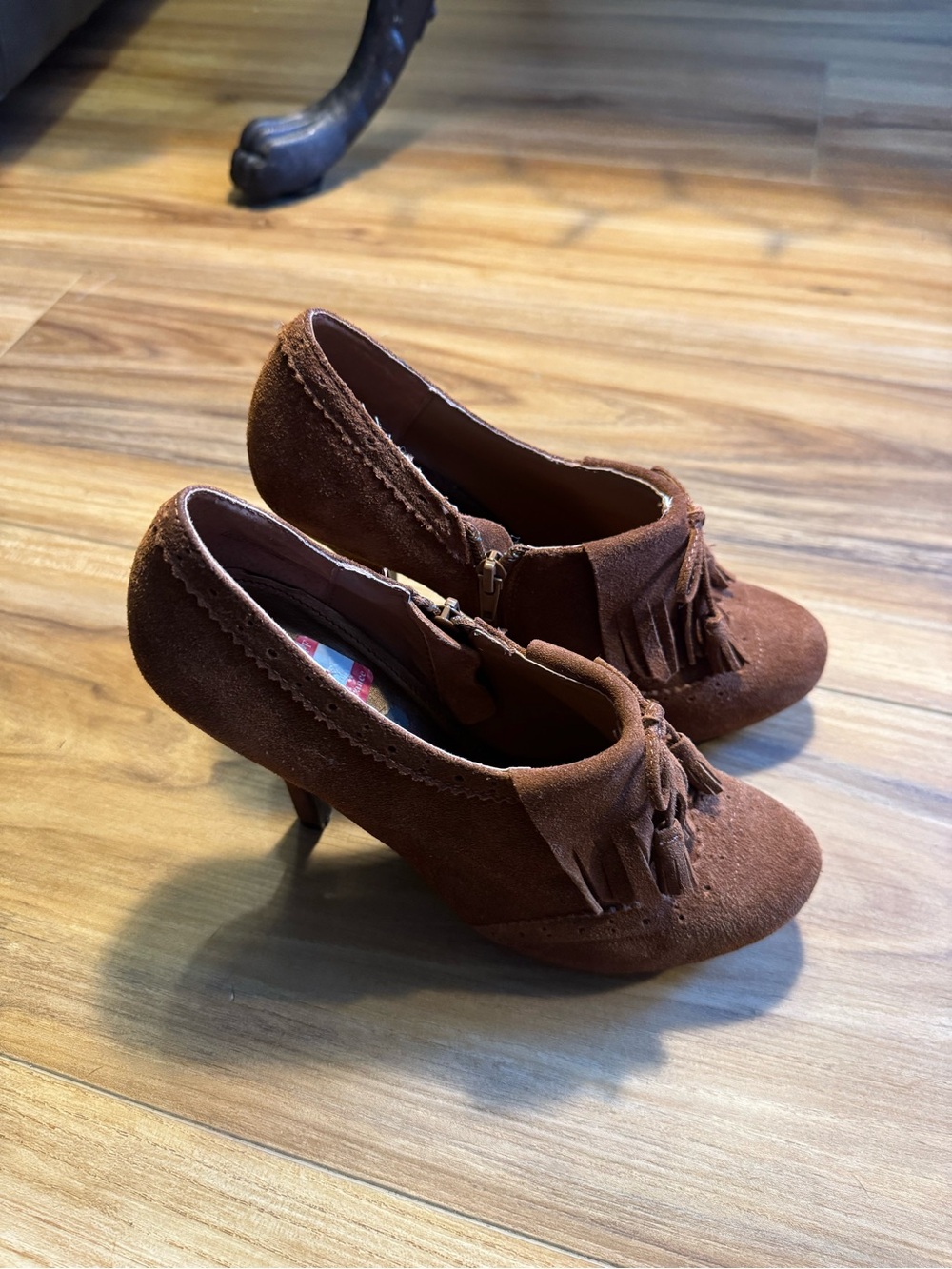 Women's Brown Suede Leather Tassel Heels